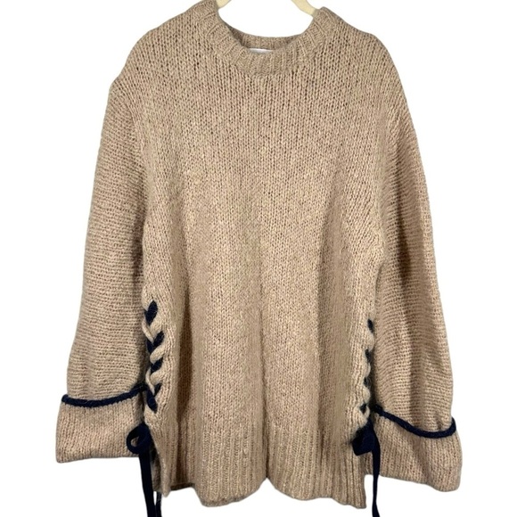 Mila Owen Sweater Women's Medium (F) Tan Wool Alpaca Chunky Lace Sides‎ - Picture 1 of 8